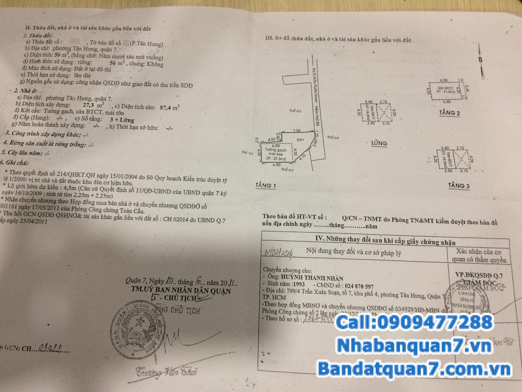 Bán nhà hẻm 799 Trần Xuân Soạn phường Tân Hưng, diện tích 56m2, giá 1.95 tỷ, LH 0909477288