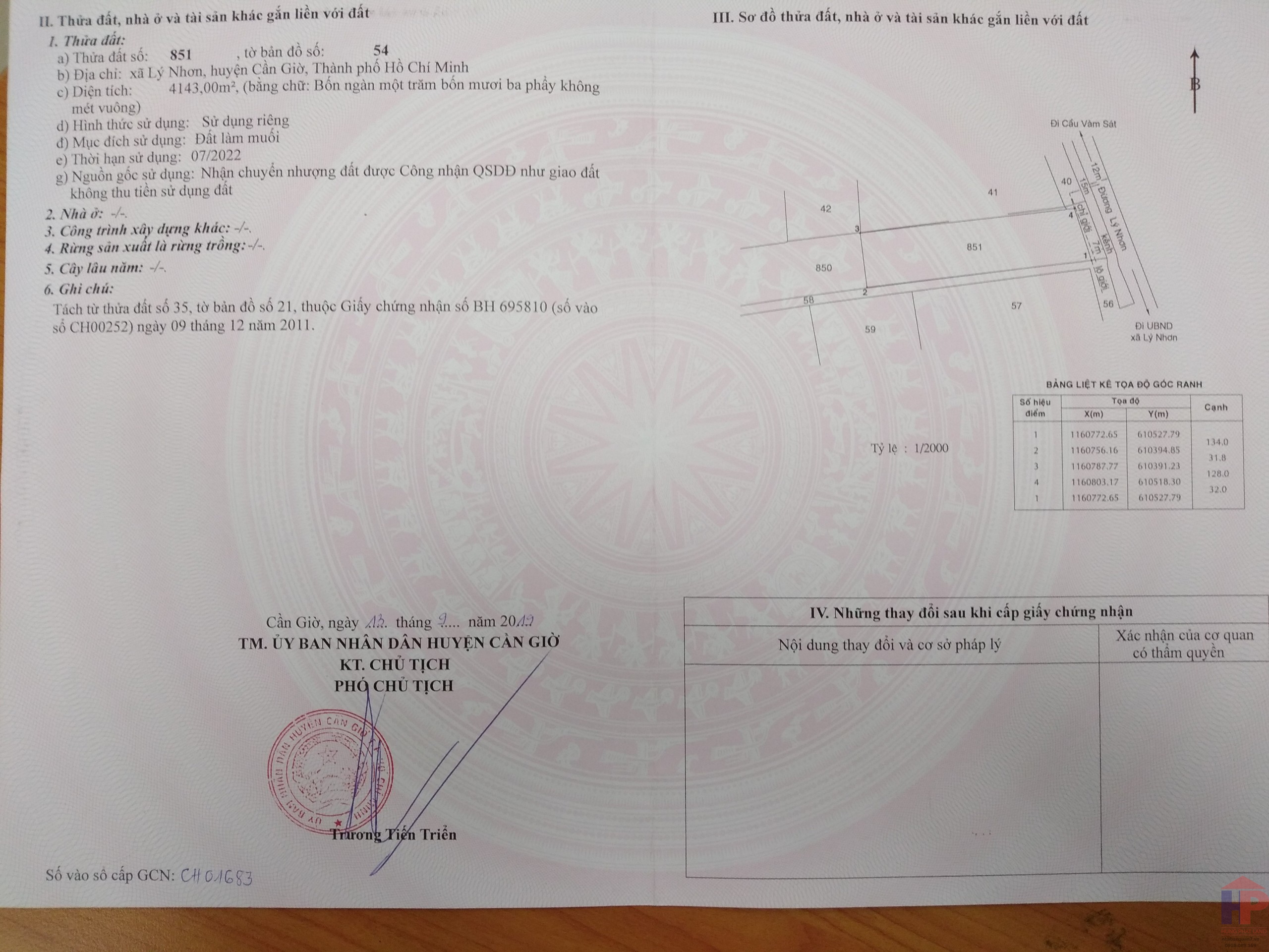 Bán đất mặt tiền đường Lý Nhơn cần giờ DT 4143m2 Giá 4.3 tỷ LH 0909477288