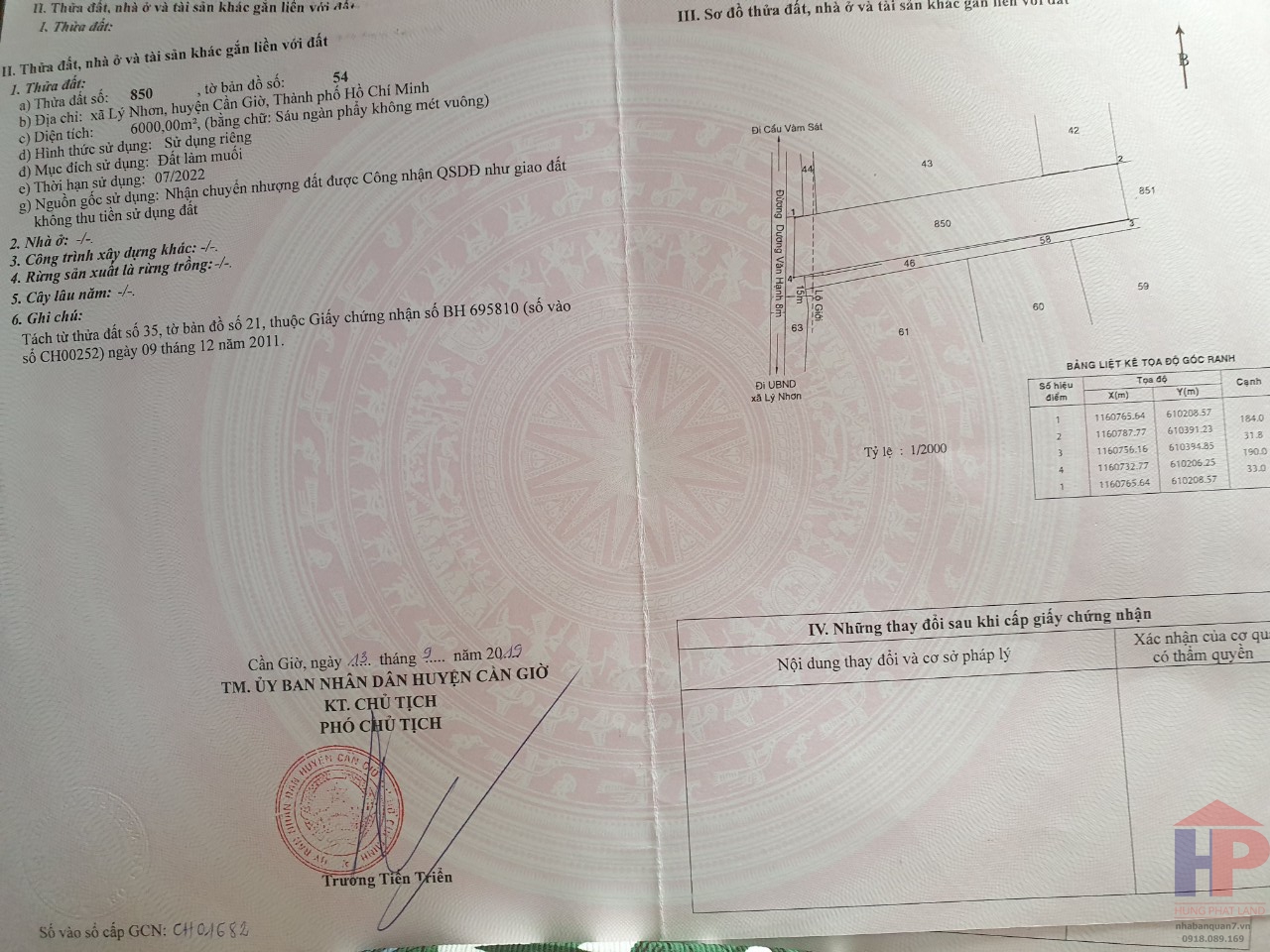 Bán 1 lô duy nhất còn lại mặt tiền Dương Vạn Hạnh, Cần Giờ DT 6000m2 Giá 6.5 tỷ LH 0909477288